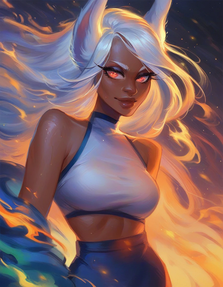 score_9, score_8_up, score_8_up, 1girl, depth of field, raw, intimate shot, rumi usagiyama, dark skinned female, large perfect breasts, ((glowing particles, flames)) , posing sexy, tight clothes, clothing material detail, dreamy eyes, long eyelashes, sweaty skin, arching back,