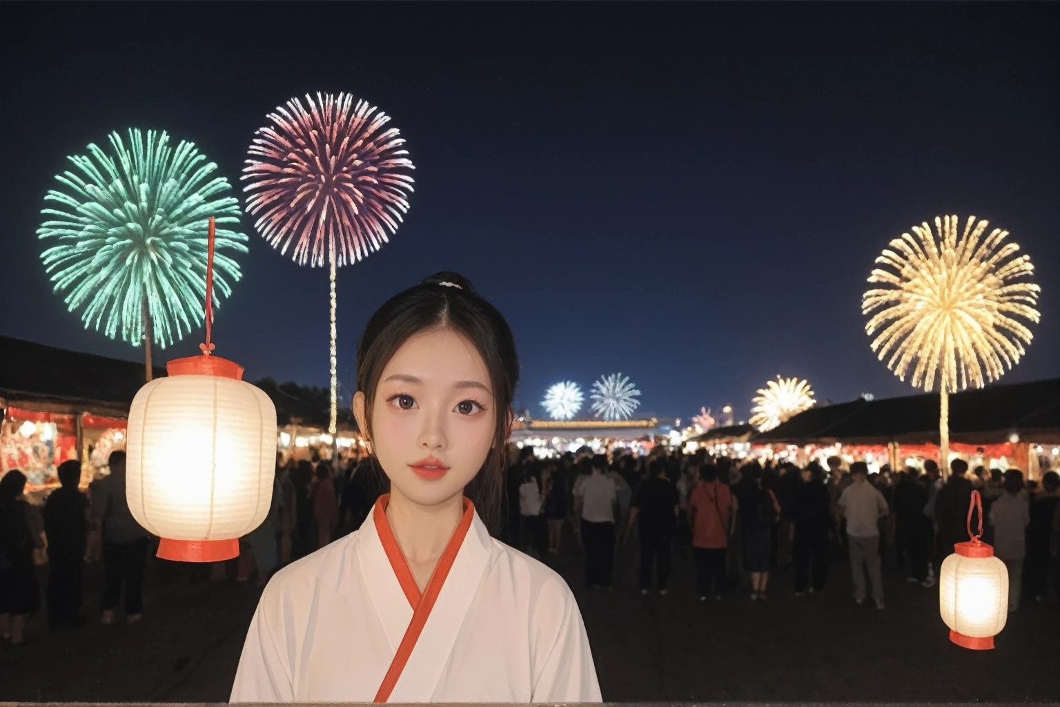score_9, score_8_up, score_7_up, BREAK,
In this vibrant scene, a young girl in a purple Hanfu stands alone, her luster radiating amidst a bustling market. Her big eyes and silver ponytail add to her allure. The market is alive with color, vendors, and lanterns. In the distance, the Great Wall stands majestically. The girl interacts with a playful monkey or dragon, symbolizing Chinese mythology. The atmosphere is festive with fireworks and traditional music, highlighting the girl's exquisite features against the vibrant backdrop.