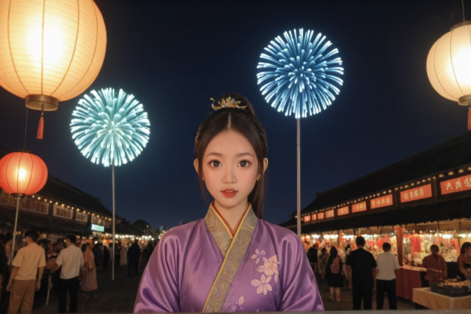 score_9, score_8_up, score_7_up, BREAK,
In this vibrant scene, a young girl in a purple Hanfu stands alone, her luster radiating amidst a bustling market. Her big eyes and silver ponytail add to her allure. The market is alive with color, vendors, and lanterns. In the distance, the Great Wall stands majestically. The girl interacts with a playful monkey or dragon, symbolizing Chinese mythology. The atmosphere is festive with fireworks and traditional music, highlighting the girl's exquisite features against the vibrant backdrop.