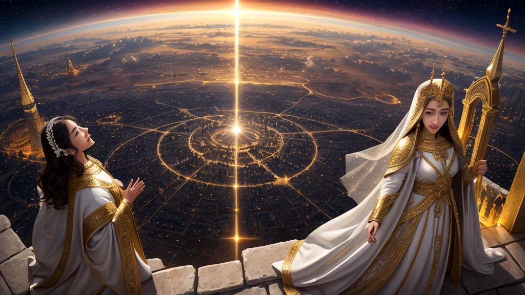 "A celestial panorama where a new heaven and earth converge in a radiant burst of light. The scene is dominated by the Holy City, the New Jerusalem, descending from above, its towering walls and gates gleaming with divine brilliance. The city is adorned as a bride, adorned with gems and precious metals, reflecting the perfection and eternal beauty described in Revelation. Joyful figures of diverse backgrounds gather at the city gates, welcomed into God's presence amidst a backdrop of celestial splendor."
