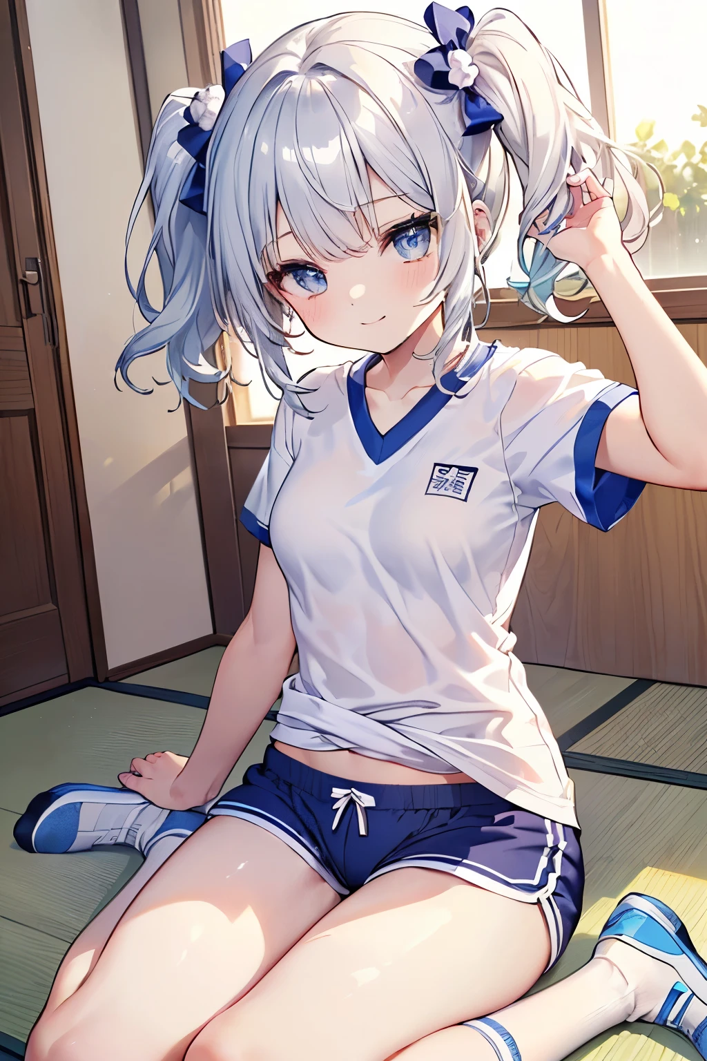 Silver Hair、Blue Eyes、girl、Small breasts、Twin tails、girl、Small breasts、A cheerful smile、Looks about ************、Petan Musume、He is short、gym、【prompt】

BREAK (Japanese school old style sportswear:1.3), ((soft cotton material, non-shiny material):1.3), (oversized soft cotton short sleeve white tunic with U-neck:1.4), (blue lines on tops outline:1.3), ((Slim fit, closed-fitting) (deep-blue panties shorts, soft cotton deep-blue competition micro shorts, soft cotton deep-blue bloomers):1.3), ((groin, upper thigh skin):1.3), (white socks:1.3), (sports shoes:1.2),