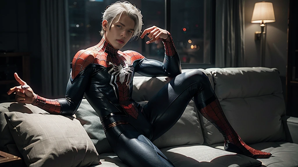 (Extreme Detail CG Unity 8K wallpaper, masterpiece, highest quality), (Exquisite lighting and shadow, highly dramatic picture, Cinematic lens effect), a girl in a white Spider-Man costume, silver gray hair color, from the Spider-Man parallel universe, Wenger, Marvel, Spider-Man, sitting on the couch, dynamic pose), (excellent detail, excellent lighting, wide angle), (excellent rendering, enough to stand out in its class), focus on white Spider-Man costumes, complex spider textures