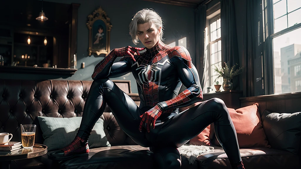(Extreme Detail CG Unity 8K Wallpapers,tmasterpiece,Highest image quality),(Delicate light and shadow,The picture is highly dramatic,Cinematic lens effect),A teenager taking off a black Spider-Man costume,Silver-gray hair color,From the Spider-Man parallel universe,Marvel,Spidey,sitting in the couch,dynamicposes),(Exceptional detail,The lighting effect is outstanding,Vista wide angle),(Excellent rendering,Enough to stand out from the crowd),The focus is on the black Spider-Man costume,Complex spider textures,Bare