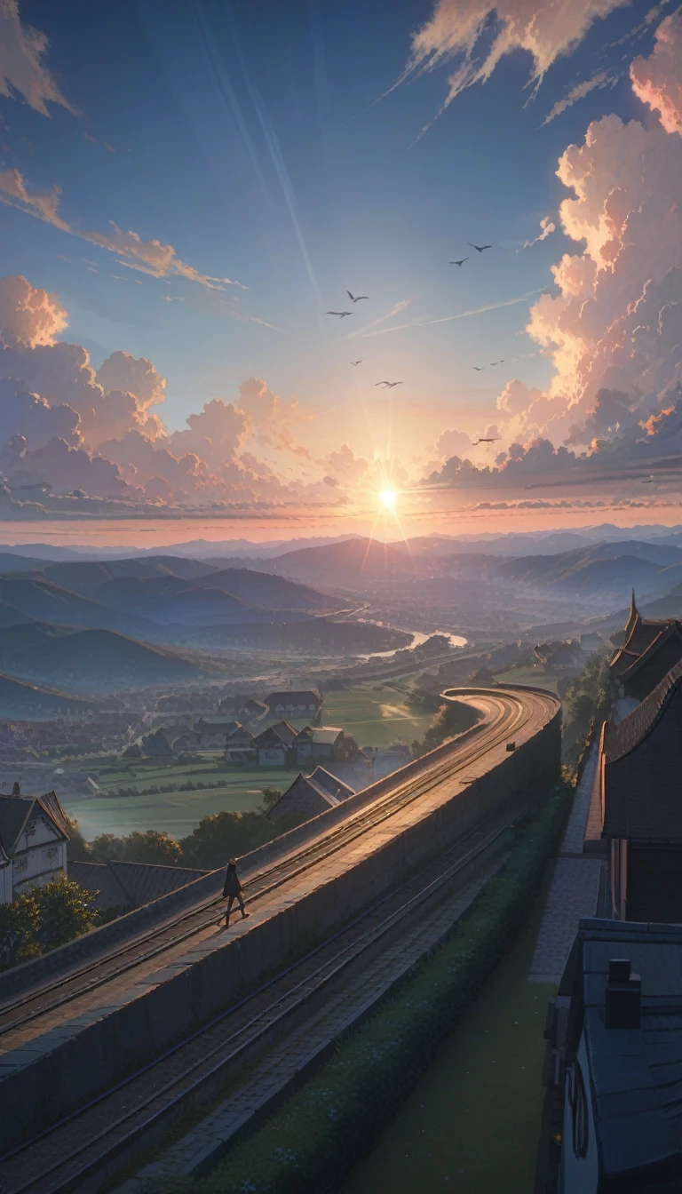 (3d:0.5,Practical:0.5,photoPractical:0.5),(absurd,Super Resolution,masterpiece,best quality,Meticulous attention to detail,absurd:1.2), Dramatic lighting, Dramatic Lighting, Movie, Anime Landscape, Shinkai Makoto, Ghibli, Fantasy World, magic, Beautiful sky, cloud, architecture, bike, Aircraft tracks, birds, Dramatic lightinging, Movie lighting, Sunset, warm Sunset, warm sunlight, street, Depth of Field, lens flare,