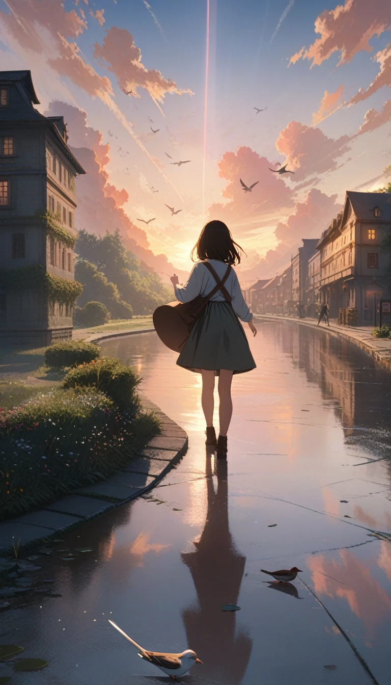 (3d:0.5,Practical:0.5,photoPractical:0.5),(absurd,Super Resolution,masterpiece,best quality,Meticulous attention to detail,absurd:1.2), Dramatic lighting, Dramatic Lighting, Movie, Anime Landscape, Shinkai Makoto, Ghibli, Fantasy World, magic, Beautiful sky, cloud, architecture, bike, Aircraft tracks, birds, Dramatic lightinging, Movie lighting, Sunset, warm Sunset, warm sunlight, street, Depth of Field, lens flare,