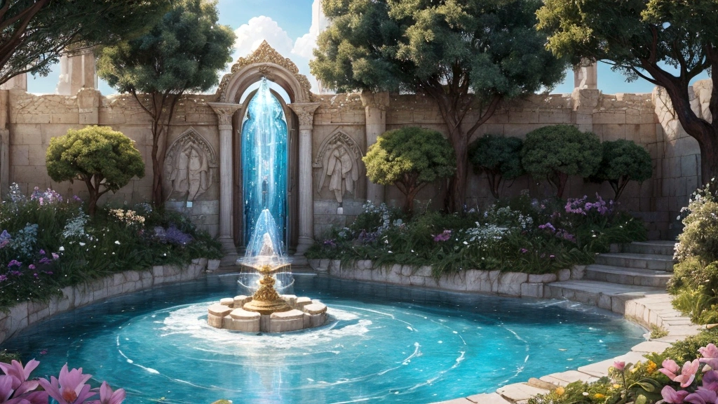 "A vast expanse of celestial realms where a river of crystal-clear water flows from the throne of God, nourishing a lush garden city. The New Jerusalem is depicted as a sanctuary of peace and eternal happiness, its streets paved with gold and its walls adorned with jewels. Angelic beings and redeemed souls stroll through the city's gardens, basking in the presence of God, who dwells among them. The atmosphere resonates with serenity and fulfillment, embodying the vision of Revelation 21:1-4 where God wipes away every tear and banishes sorrow and pain."