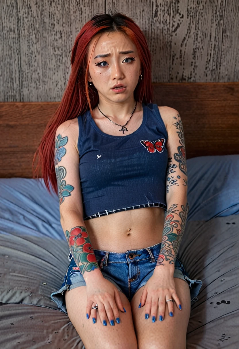 Uhd, photo of Cami, subject: Noriko, 1/2 Japanese 1/2 Hainu skinny girl in blue bed with long red hair, blue+++ eyes, oval face, LGBTQIA+, queer, punk style, wearing short blue top and blue jeans shorts, buttefly hairclip, tattooes.  She is crying and sad, turned sideways, she is hugging the blue pillow. 