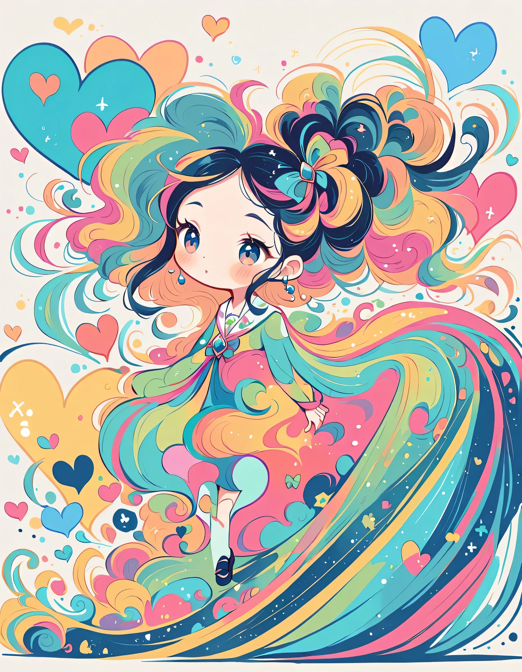 Christian Riese Lassen style, Simple Line Initialism,Abstract art,Urban Background, colorful hearts ,colorful hearts, (((The most beautiful girl of all time))), walking, Cute and colorful amoeba