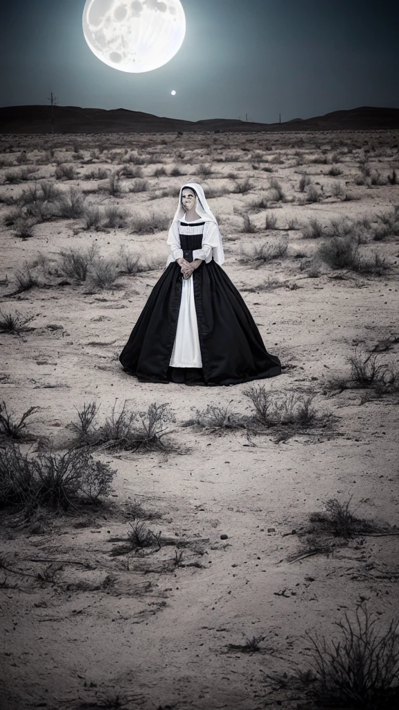 create an image of a horror scene maria the night of the moon looking scared in the dry backlands of the northeast