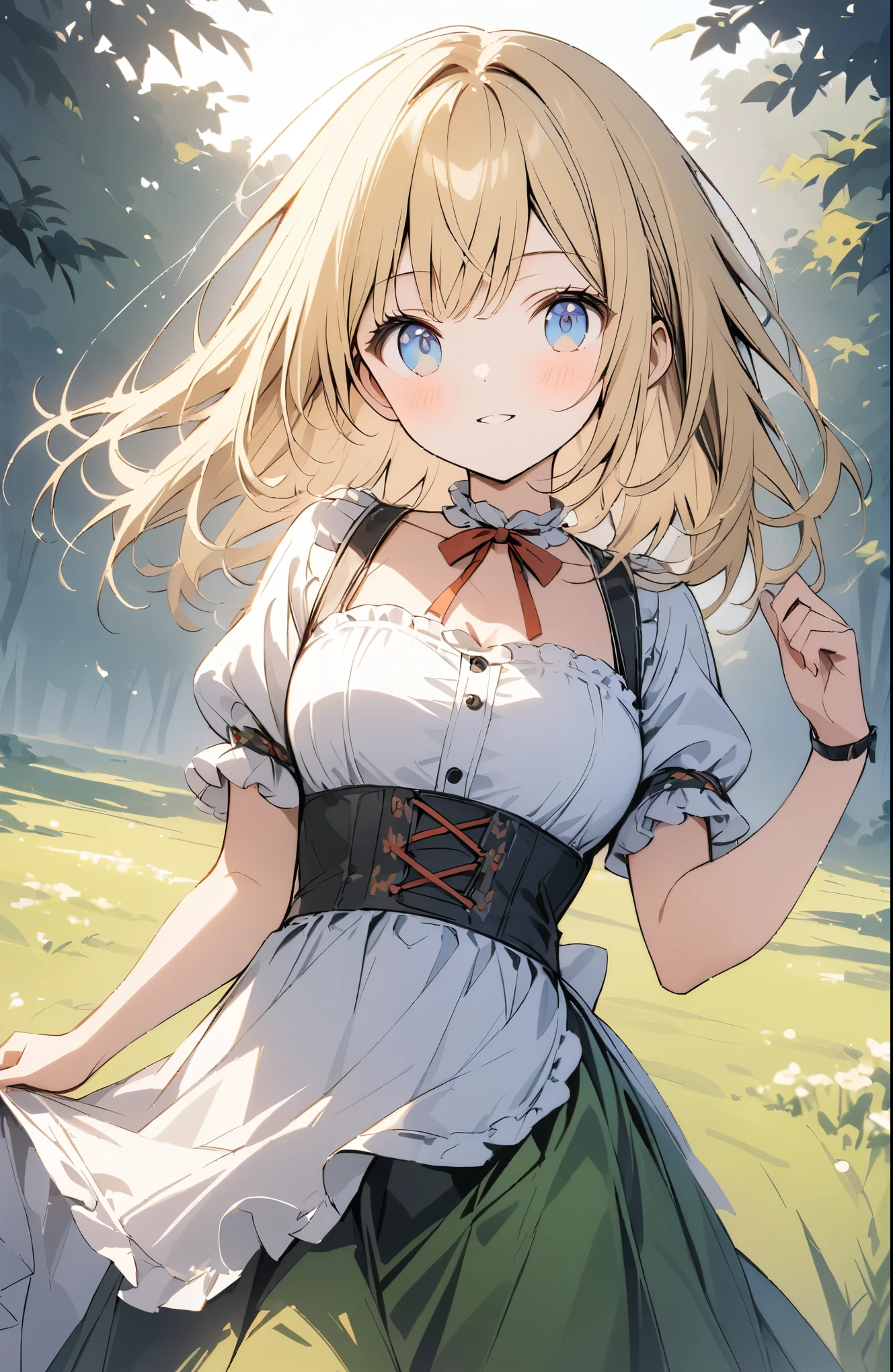 Very detailed、Very absurd、超High resolution, Attention to detail, high quality, High resolution, 最high quality, 4K, 8K, ((Blonde:1.5)),(blue eyes:1.2),German folk costume,((dirndls)),(White shirt),(Green Skirt),(White apron),Girl walking through the German meadow、cute、Grassland Background、The grass sways in the wind