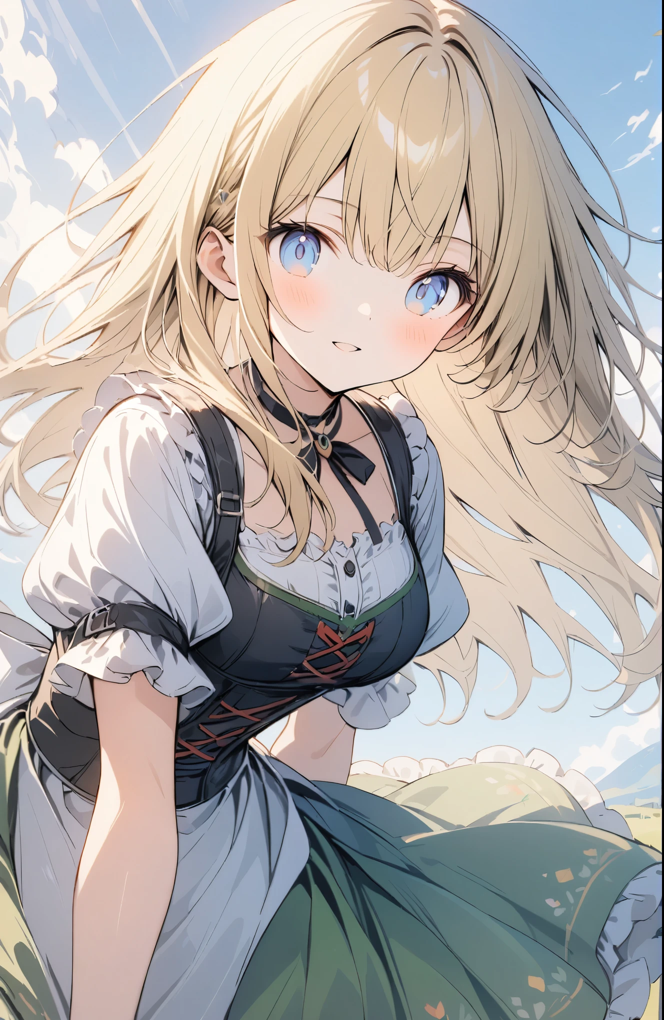 Very detailed、Very absurd、超High resolution, Attention to detail, high quality, High resolution, 最high quality, 4K, 8K, ((Blonde:1.5)),(blue eyes:1.2),German folk costume,((dirndls)),(White shirt),(Green Skirt),(White apron),Girl walking through the German meadow、cute、Grassland Background、The grass sways in the wind