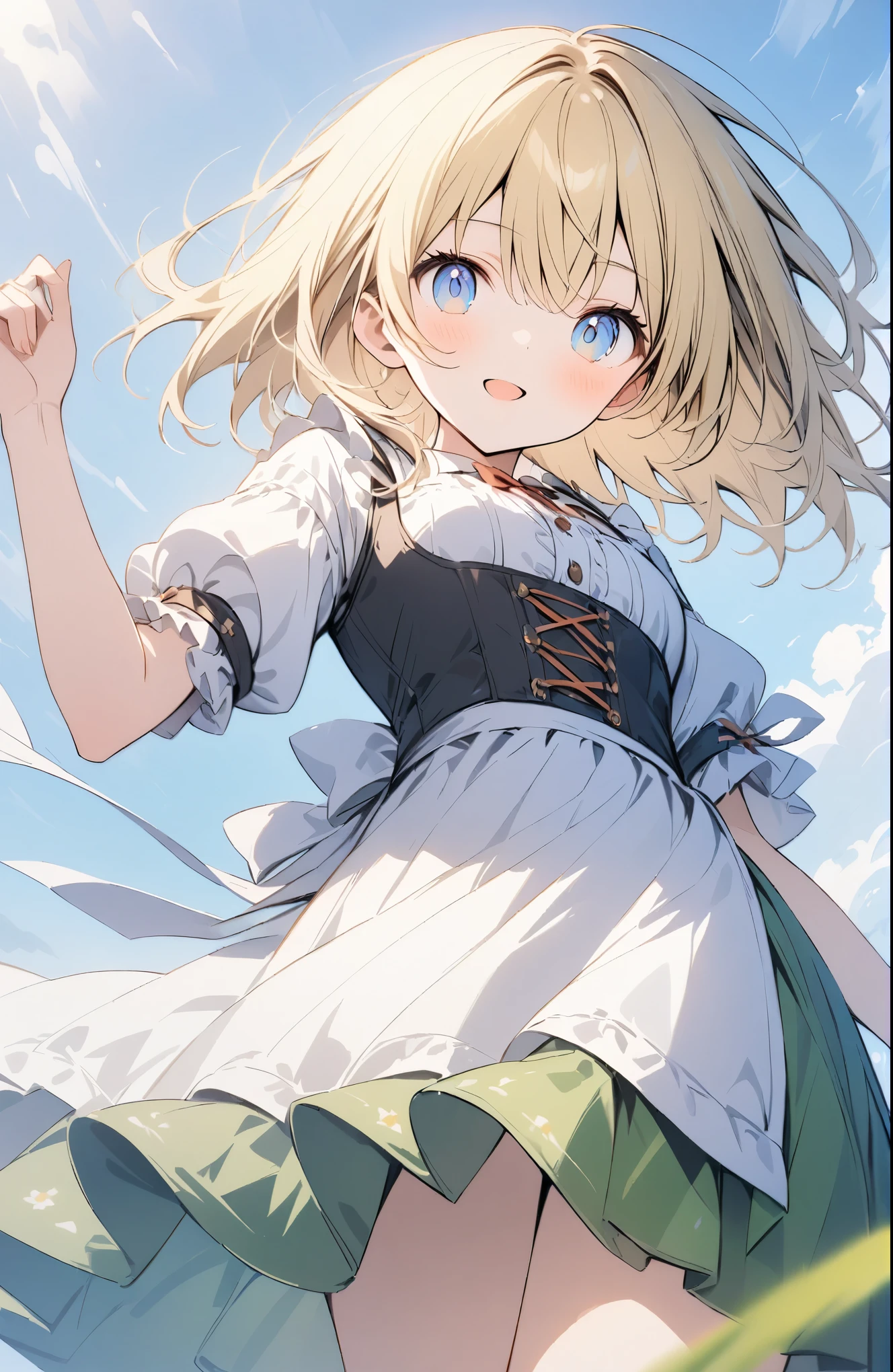 Very detailed、Very absurd、超High resolution, Attention to detail, high quality, High resolution, 最high quality, 4K, 8K, ((Blonde:1.5)),(blue eyes:1.2),German folk costume,((dirndls)),(White shirt),(Green Skirt),(White apron),Girl walking through the German meadow、cute、Grassland Background、The grass sways in the wind