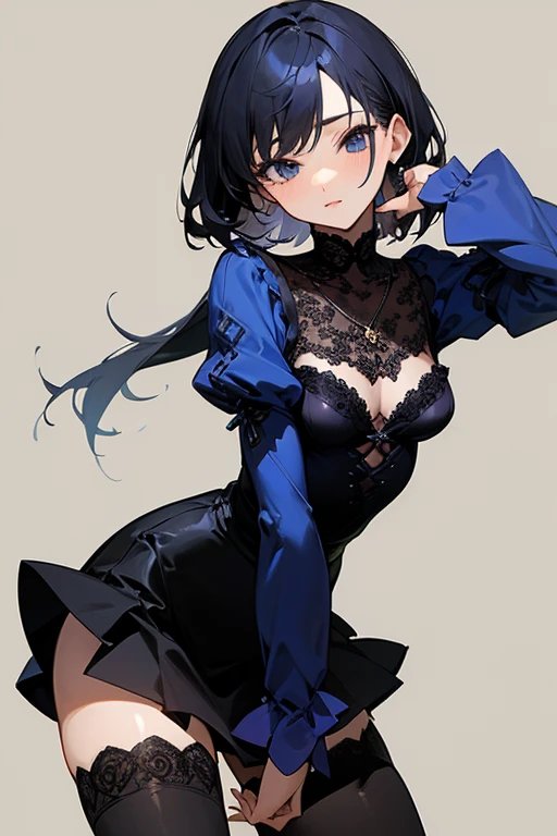 (最高masterpiece、masterpiece、Highest quality).Blue Lace Top、Black tight skirt、elegant、sexy、necklace、Black Stockings、Beautiful woman、cute、Excellent、Small breasts、sharp、