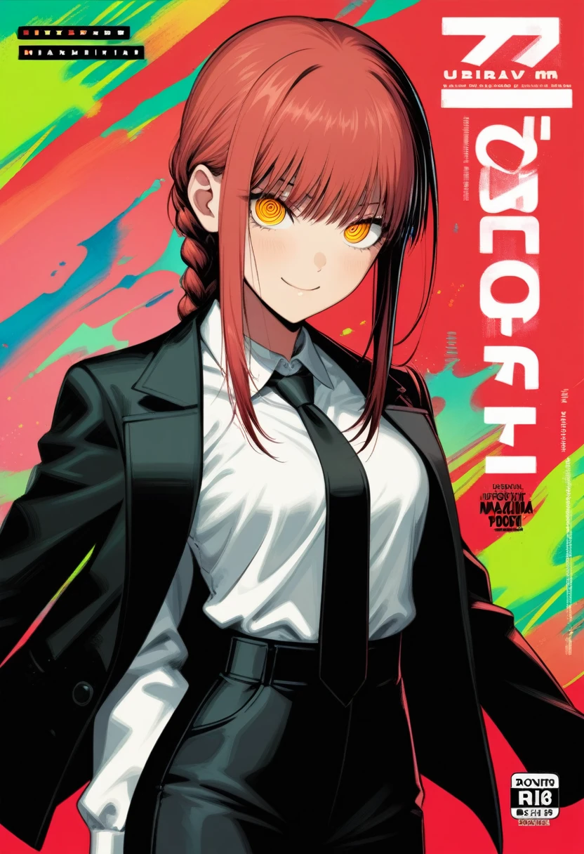 1girl, horosuke, tatsuki fujimoto, absurdres, official art, absurdres, chainsaw man, makima \(chainsaw man\), 1girl, artist name, black necktie, black pants, braid, braided ponytail, breasts, closed mouth, collared shirt, copyright name, cover, cover page, dress pants, formal, green background, hand gesture, high-waist pants, long hair, long sleeves, looking at viewer, manga cover, medium breasts, multicolored background, nail, necktie, open door, pants, pointing, pointing at viewer, red background, red eyes, red hair, ringed eyes, shirt, sidelocks, smile, solo, upper body, white shirt, yellow eyes, ((very aesthetic, best quality, ultra detailed)), rating:safe, manga, painterly