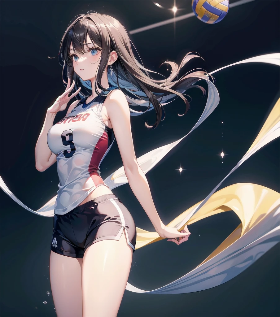 absurdres, RAW photo, extremely delicate and beautiful, masterpiece, Best Quality, ultra high resolution, 32k, hyperrealistic, ultra-detailed, perfect anatomy, super Detailed skin, perfect figure, Very detailed CG 8k wallpaper, in her 20s, very Slim body, narrow waist, very small head, very small face, delicate facial features, tearful mole, earring, thin legs, very huge round breasts, full body shot, shorter middle hair, wavy hair, (volleyball Jersey:1.2), (shorts:1.2),