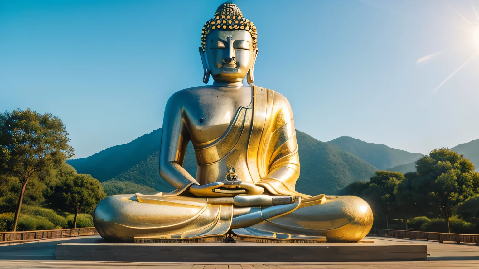A huge Buddha statue seen in the distance, stone, texture, expensive, Majestic, The background is illuminated by sunlight.,Inverted Image,side,Pilgrims' Path