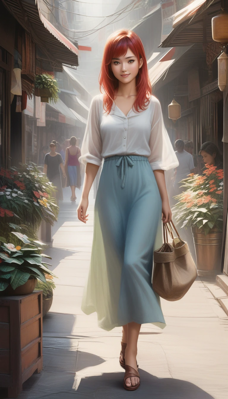 Realistic photo of a young red-haired woman wandering in the old market in Thailand, Gentle smile, midjorney&#39;s Artwork, Luminism, Extremely complex shadow-light contrast, IPA Award Winning Masterpiece, Artistic Lenses, Warm colors, Tim Burton&#39;s Artwork