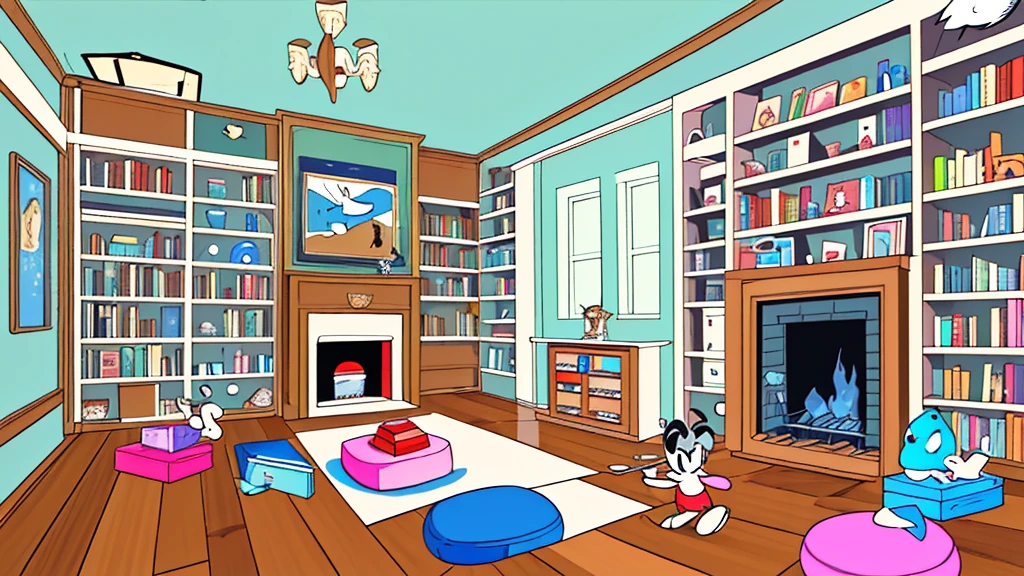 Disney cartoon style, a stylish and classic room in the 1960s in America, with a wooden baseboard, a plain floor, one wall of the room is covered with a classic wooden bookcase that is full of books, a stylish fireplace in be a room.