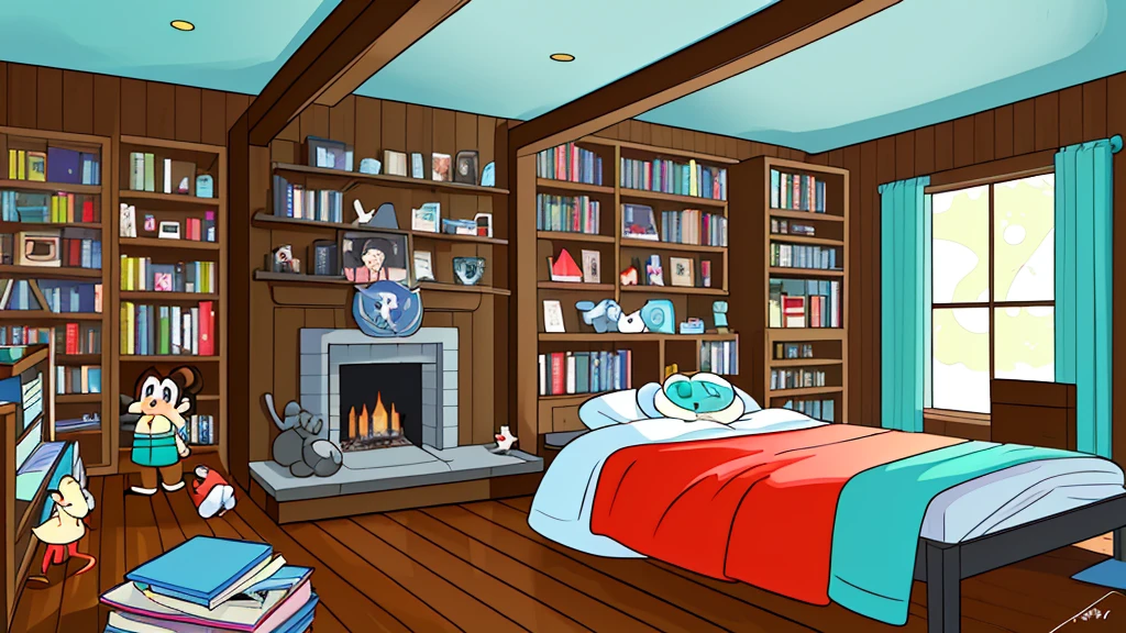 Disney cartoon style, a stylish and classic room in the 1960s in America, with a wooden baseboard, a plain floor, one wall of the room is covered with a classic wooden bookcase that is full of books, a stylish fireplace in be a room.