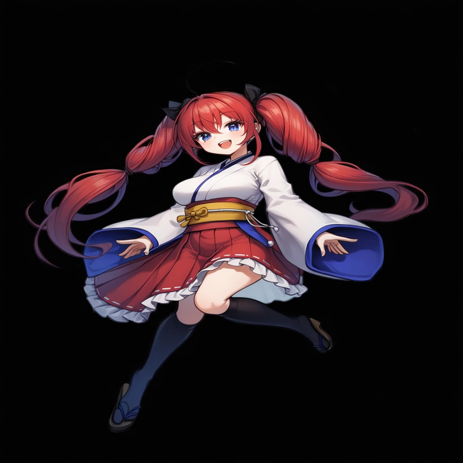 full body,fullbody,1girl,red hair,long hair,red and blue odd eyes,smile,simple background,drill twin tail,ahoge,white background,large breasts,long skirt,black frill,Japanese style dress,wide sleeves,open mouth