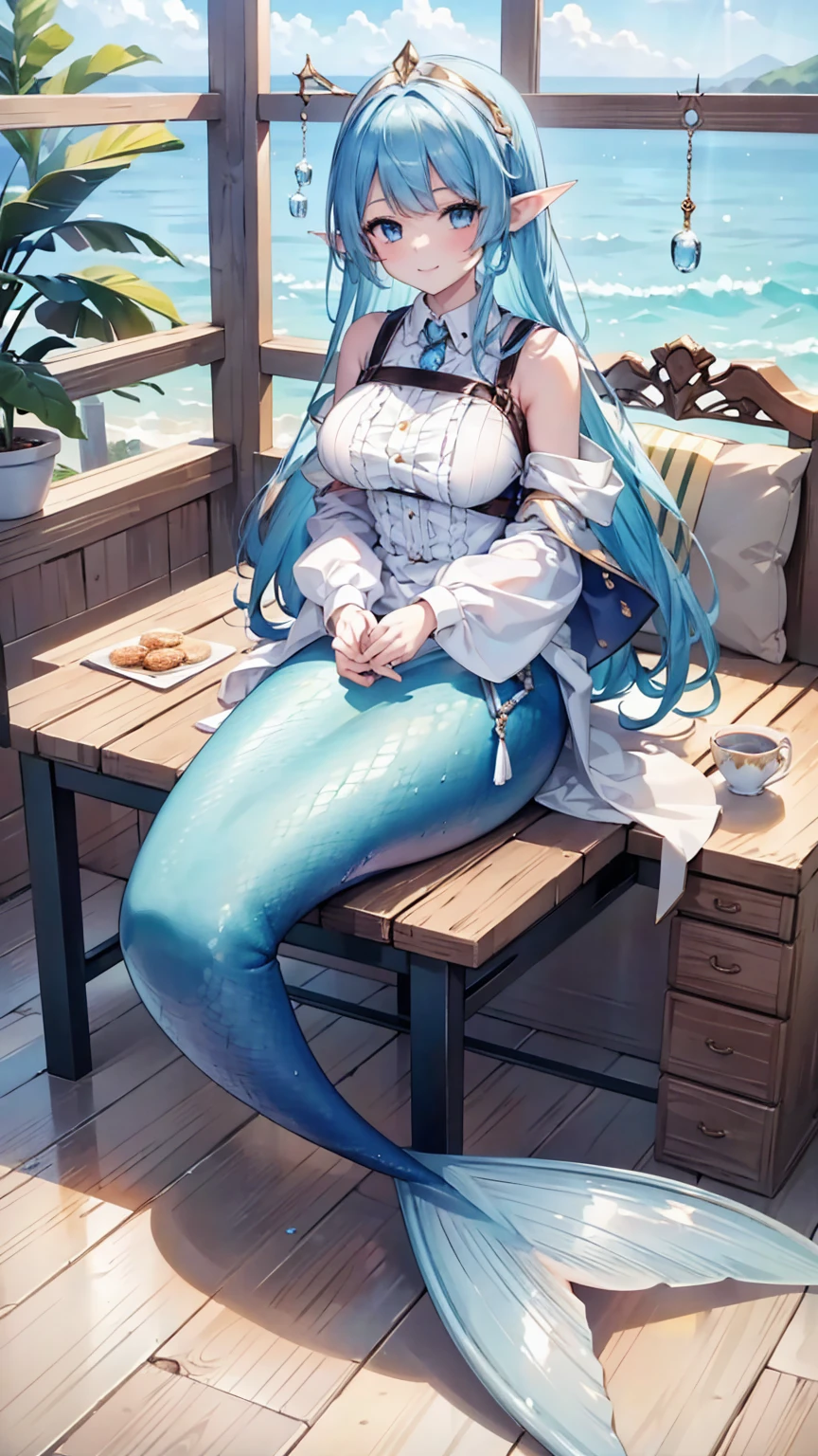 masterpiece, best quality,A girl,Blue Hair, blue eyes, Elf ears,独奏,Large Breasts,Mermaid,蓝色的Mermaid尾巴,full-body shot,charming face(Kawaii, charming,Soft),sit on the chair,Sea view from the window,Looking at the audience,Smile