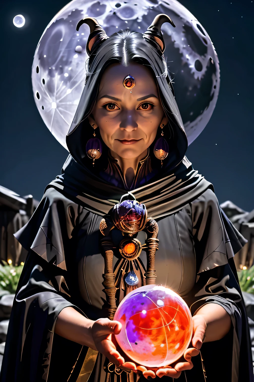 1 witch woman, looking at the viewer, in front of her cauldron, holding a crystal ball in her hands, night with moon in the background, fantasy, (realistic face), half body,
