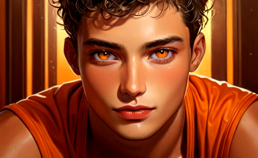 a beautiful young man with an elegant and charming appearance, wearing mini shorts, posing gracefully in a vibrant orange setting, highly detailed portrait, photorealistic, cinematic lighting, soft color palette, warm tones, delicate facial features, piercing eyes, luscious lips, glossy skin, dynamic composition, masterpiece, award-winning quality 