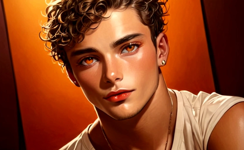 a beautiful young man with an elegant and charming appearance, wearing mini shorts, posing gracefully in a vibrant orange setting, highly detailed portrait, photorealistic, cinematic lighting, soft color palette, warm tones, delicate facial features, piercing eyes, luscious lips, glossy skin, dynamic composition, masterpiece, award-winning quality 