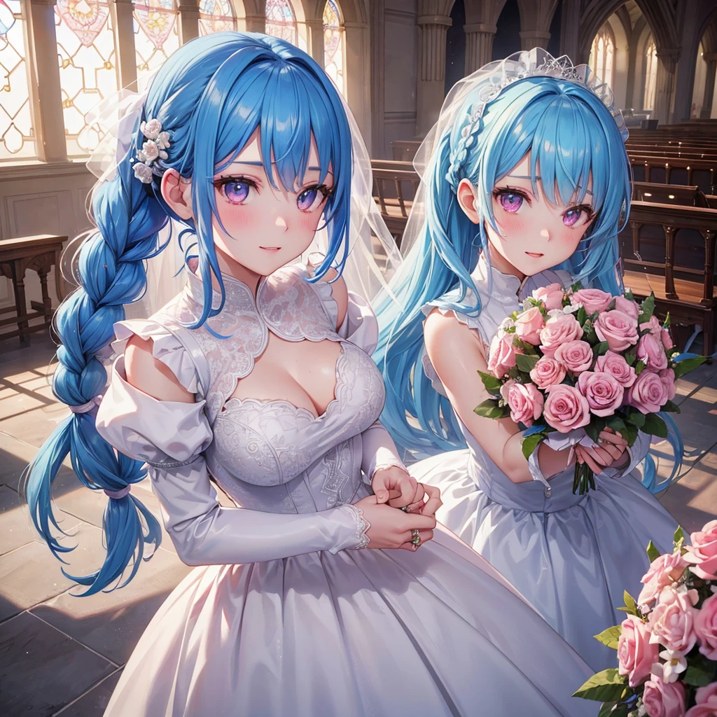 Sky blue hair, (Braided Ponytail),(Pink Eyes),Fair skin ,(whole body),(One girl),bride,A big smile,Straight bangs, 6月のbride,Wedding dress,(masterpiece, Highest quality, Very detailed, Best Shadow), (Detailed Background), (Beautifully detailed face), High Contrast, (Best lighting, Very delicate and beautiful), ((Cinematic Light)), colorful, Hyper Detail, Dramatic Light, Intricate details,Chapel background,Bouquet of roses,Ring on left ring finger,