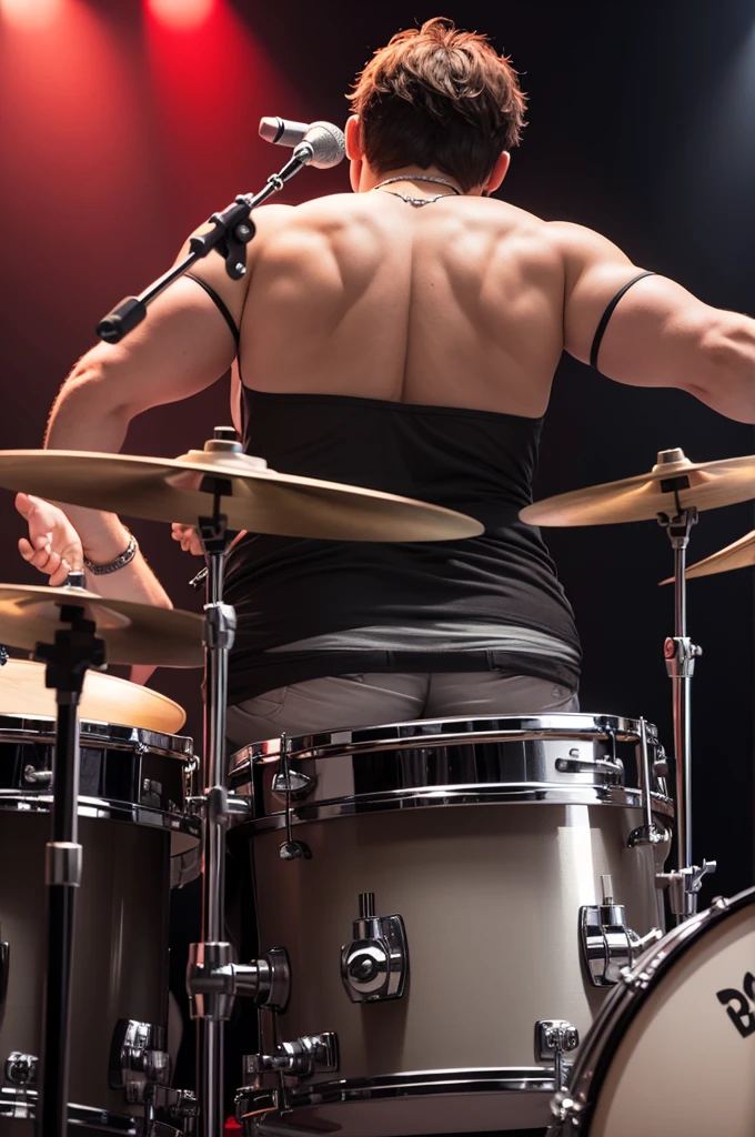 Create a chubby drummer with his back turned playing the drums on stage 
