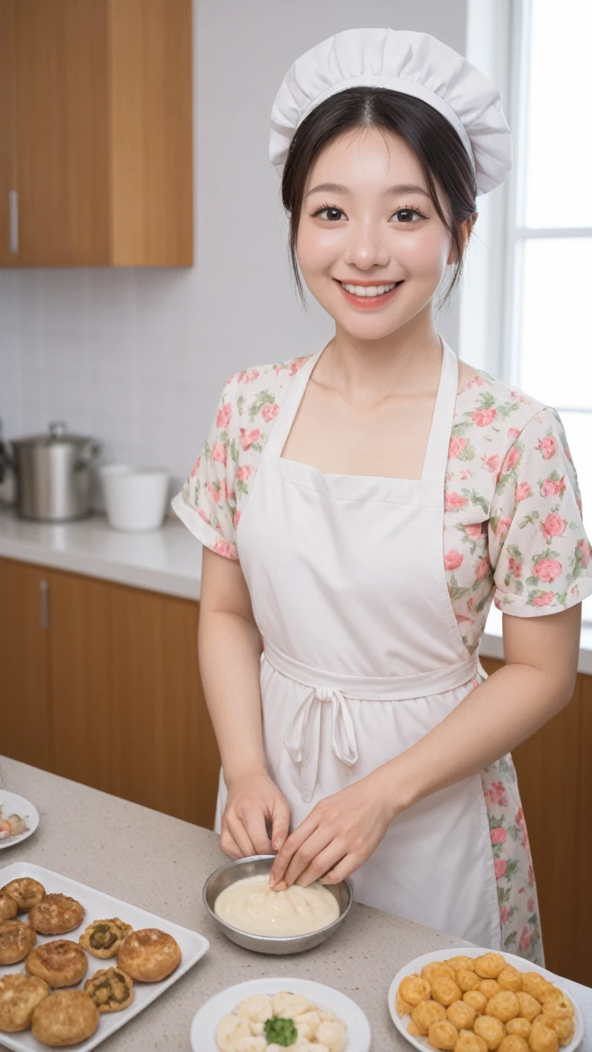 
realistic,score_9, score_8_up, score_7_up, BREAK,
 a stunning 20-year-old girl is featured. She has a cute and warm smile, radiating charm and approachability. Her hourglass figure is elegantly accentuated by a floral dress, which she pairs with an apron, adding a touch of professionalism to her appearance.
The girl is surrounded by various food items, suggesting her involvement in culinary arts. 
This image captures the essence of a young, talented chef, showcasing her skills and passion for cooking in a visually appealing and inviting manner. 

