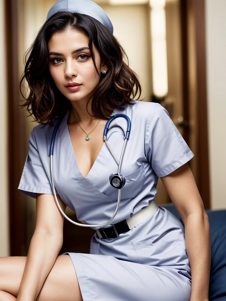 ((masterpiece, best quality)), beautiful 40-year-old Pakistani woman (Chloe Grace Moretz:Milla Jovovich:0.5), (brown-black hair, bob hairstyle, square face), (medium breasts), (curvy, muscular body), (natural skin), legs, (tight nurse uniform:1.3), cleavage, (seductive expression:1.2), jewelry, dynamic, various poses, hospital ward background, (UHD, 8K wallpaper, High resolution), Cinematic lighting, physically-based rendering, award-winning, extremely detailed skin, extra detailed face, high detail eyes, Carl Zeiss 85 mm F/1.4, by Ellen von Unwerth