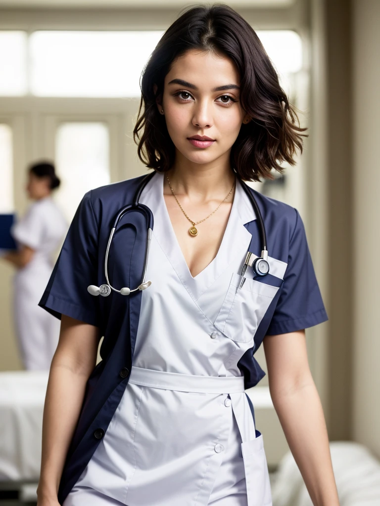 ((masterpiece, best quality)), beautiful 40-year-old Pakistani woman (Chloe Grace Moretz:Milla Jovovich:0.5), (brown-black hair, bob hairstyle, square face), (medium breasts), (curvy, muscular body), (natural skin), legs, (tight nurse uniform:1.3), cleavage, (seductive expression:1.2), jewelry, dynamic, various poses, hospital ward background, (UHD, 8K wallpaper, High resolution), Cinematic lighting, physically-based rendering, award-winning, extremely detailed skin, extra detailed face, high detail eyes, Carl Zeiss 85 mm F/1.4, by Ellen von Unwerth