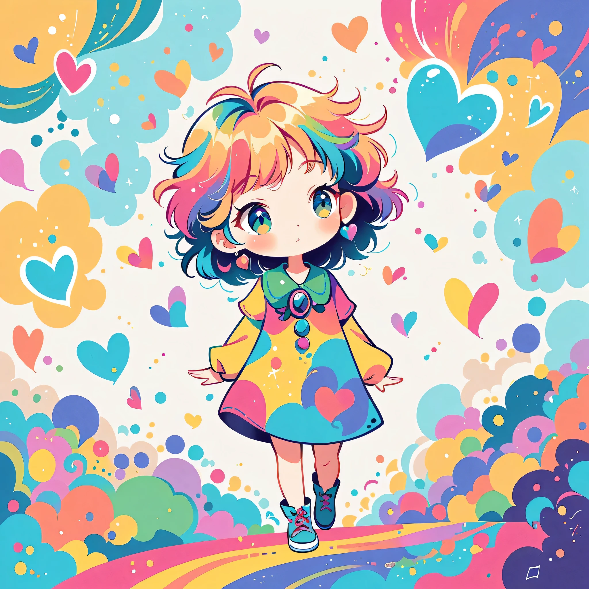 Vasily Kandinsky style, Simple Line Initialism,Abstract art,Urban Background, colorful hearts ,colorful hearts, (((The most beautiful girl of all time))), walking, Cute and colorful amoeba