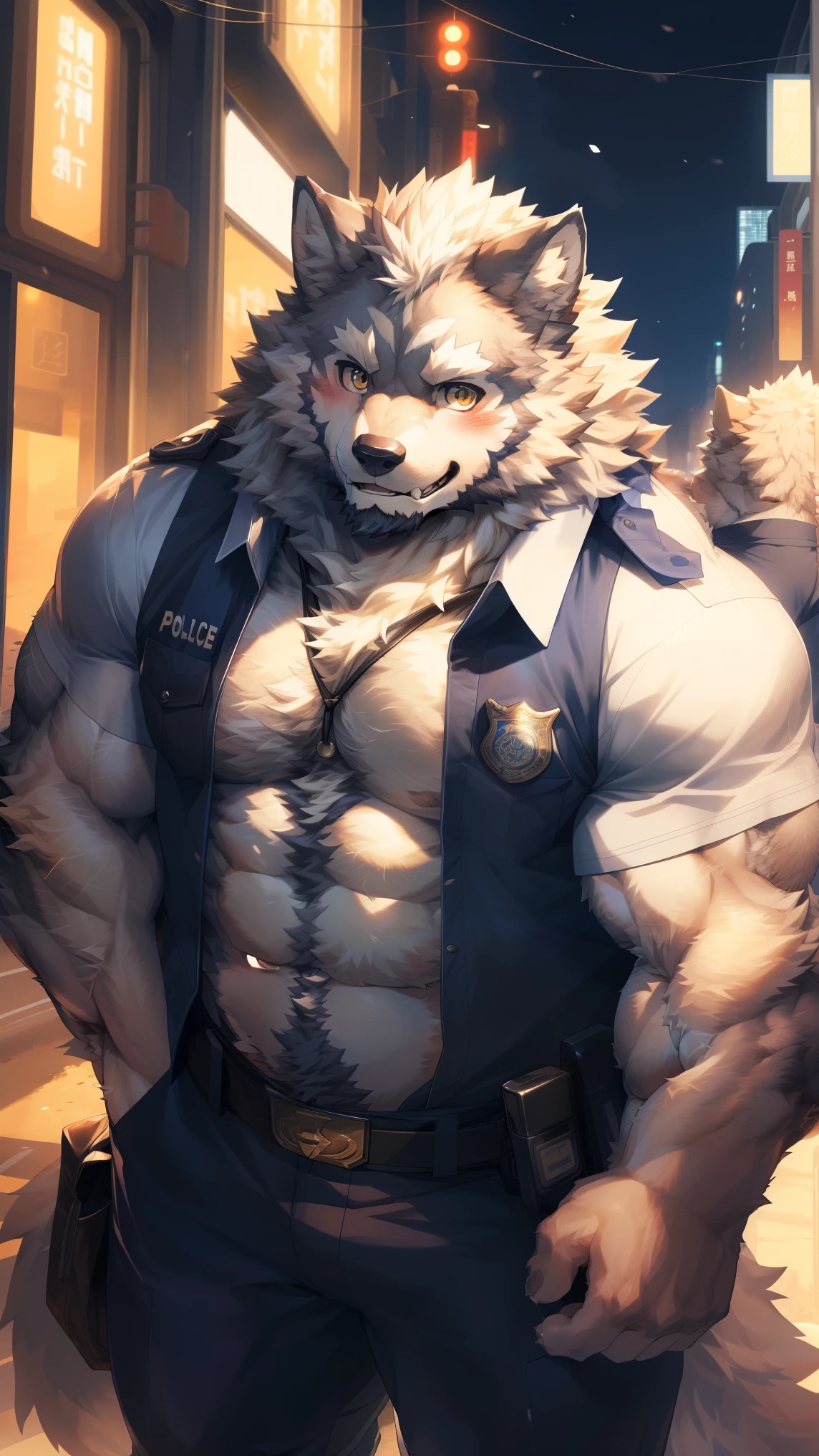 solitary, anthropology, hairy, hairy male, Wolf, ((Fluffy fur, Fluffy, hairy body)), (Wolf印), (Short beard), youth, Gray body, muscular, White, Big Muscle, Golden pupils, Tail, deTailed teeth, deTailed face, fund, bridegroom, ((Open neckline)black), (black紧身裤), With a pistol, Standing shyly in front of the police car, deTailed Fluffy fur, deTailed face, ((Look up at the audience)), majestic, brutal, A faint smile, blush, Strong, City Streets, Half sideways, ((top view)), (By Empty Ghost, From wolf26, masterpiece, high quality, high resolution,8K), Everlasting, Full body portrait, outdoor,