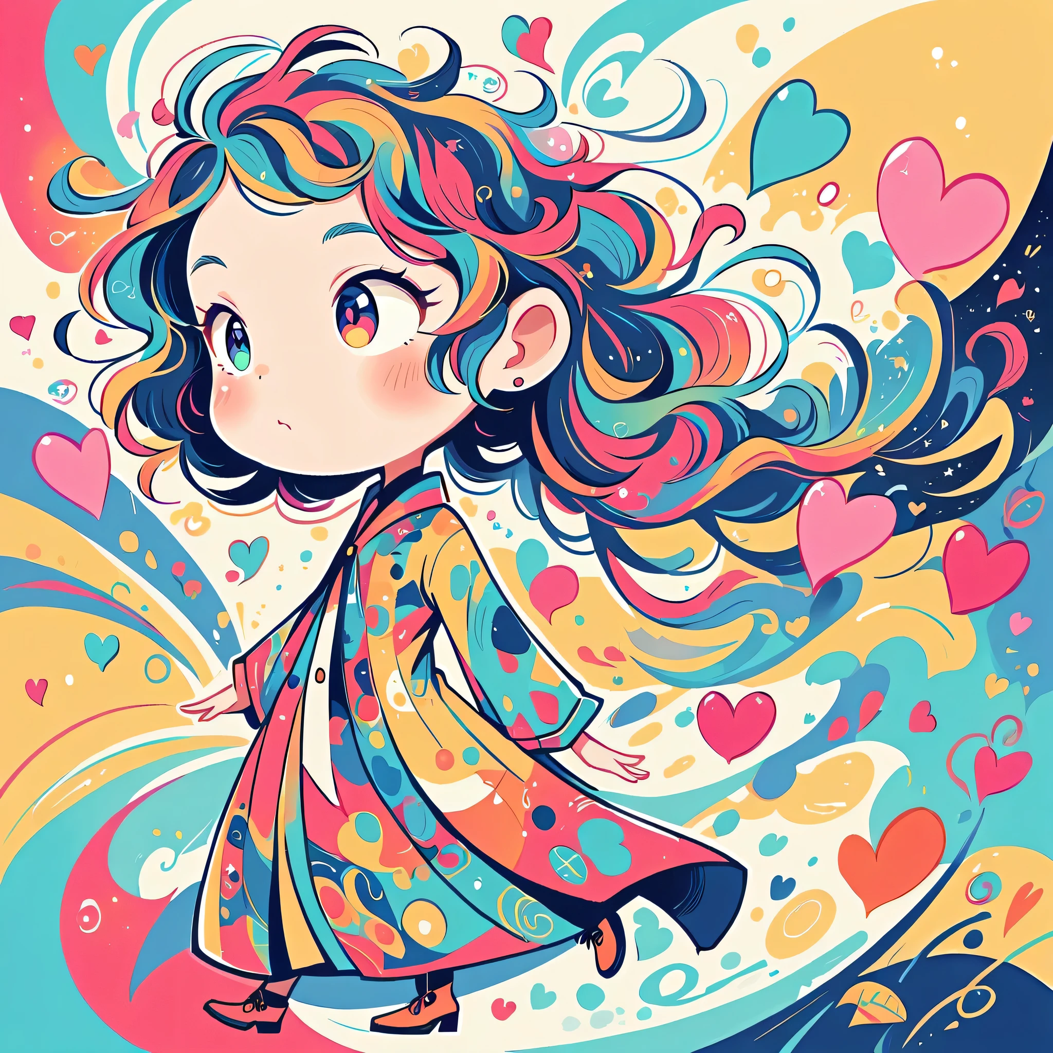 Vasily Kandinsky style, Simple Line Initialism，Abstract art，Urban Background, colorful hearts ,colorful hearts, (((The most beautiful girl of all time))), walking, Cute and colorful amoeba
