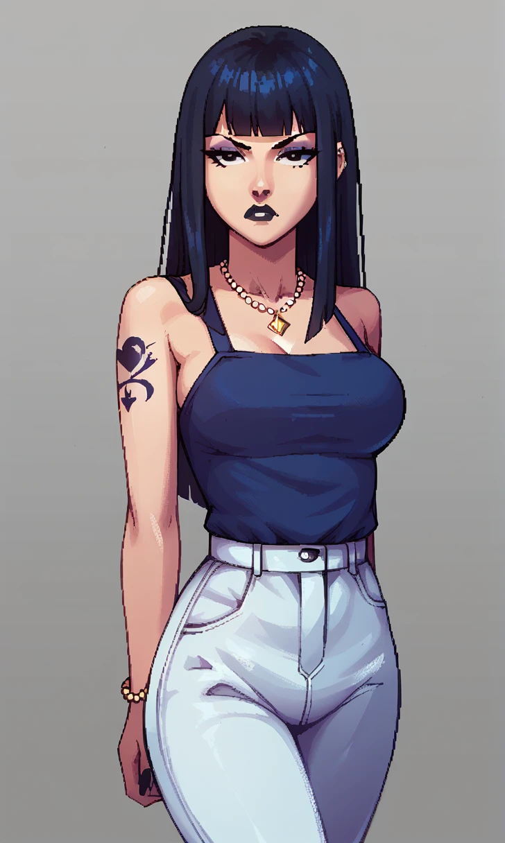 score_9, score_8_up, score_7_up, pixel art, 1girl, simplified background, Asian, mafia business outfit, , sunny, lovely, hime cut hair, scowl, black lips, black eyes, tattoos
