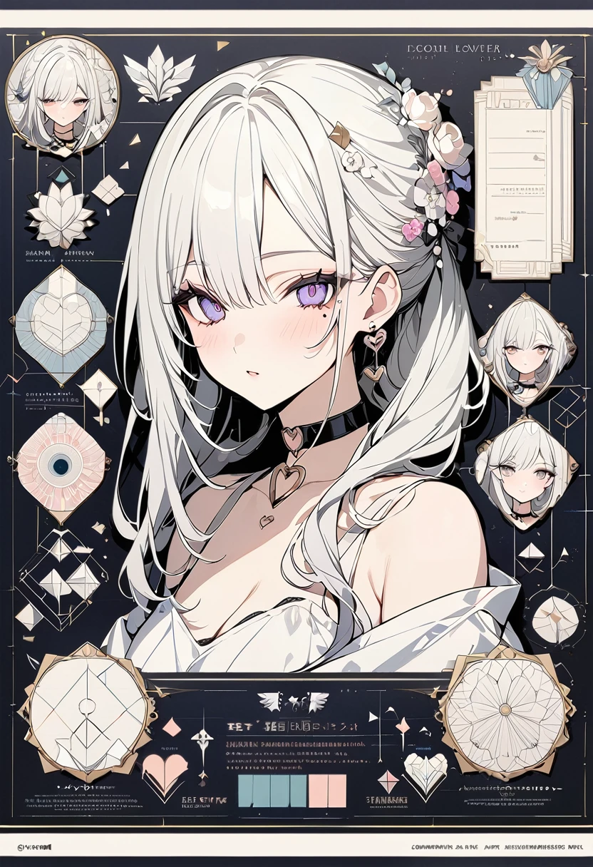 ,beautiful flower々),Mole under the eye, Heart-shaped choker, (masterpiece, Highest quality), Official Art, beautifully、aesthetic: 1.2), (1 Girl), Very detailed, (Geometry Art: 1.3), colorful,character sheet,simple background