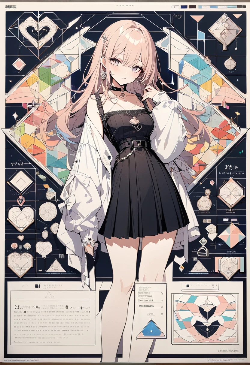 ,beautiful flower々）,Mole under the eye, Heart-shaped choker, (masterpiece, Highest quality), Official Art, beautifully、aesthetic: 1.2), (1 Girl), Very detailed, (Geometry Art: 1.3), colorful,character sheet,simple background