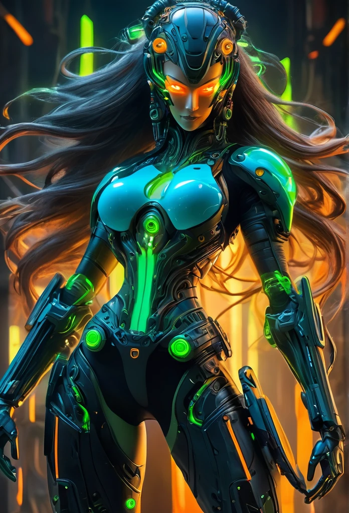 masterpiece, (realistic:1.2), Cinematic lighting, Biomechanical goddess, dynamic pose, full body view, long shot, Long hair. Subtle smile. Black and orange military-style, protective outer plated layers cover most of her body, covering her body's inner mechanisms. Visible inner mechanisms on her body comprise pneumatic pistons, wires, and components, beneath the outer plating. Bright, glowing neon blue and green light emanates from the inner mechanisms. Biomechanical headdress. Holding a pair of futuristic pistols, reflex sights. Black background,((full body view))
