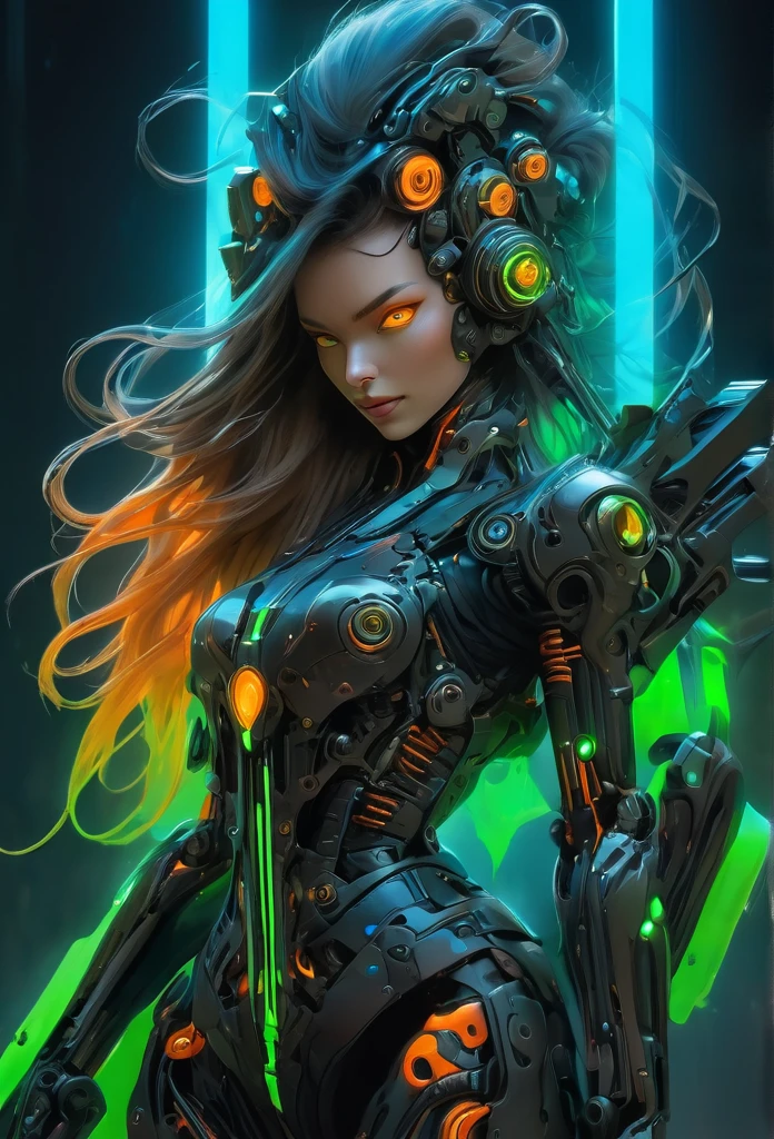 masterpiece, (realistic:1.2), Cinematic lighting, Biomechanical goddess, dynamic pose, full body view, long shot, Long hair. Subtle smile. Black and orange military-style, protective outer plated layers cover most of her body, covering her body's inner mechanisms. Visible inner mechanisms on her body comprise pneumatic pistons, wires, and components, beneath the outer plating. Bright, glowing neon blue and green light emanates from the inner mechanisms. Biomechanical headdress. Holding a pair of futuristic pistols, reflex sights. Black background,((full body view))