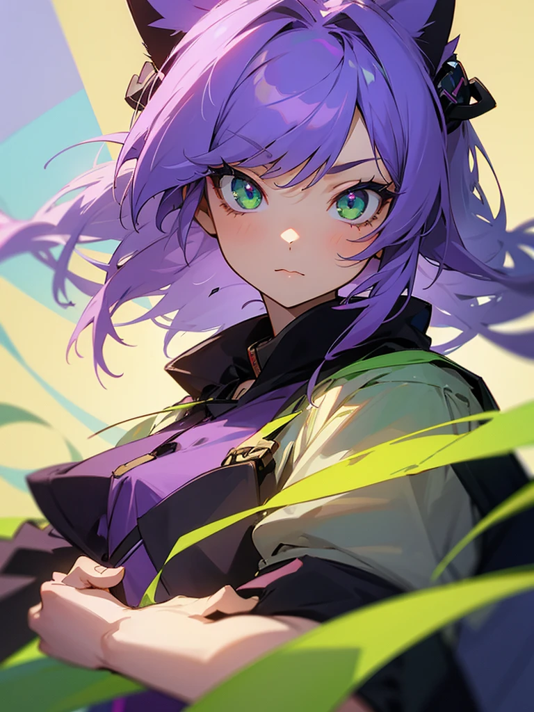 1 girl, purple hair, green eyes, cat eyes, anime style, very cute, high image quality