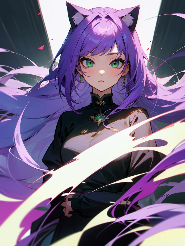 1 girl, purple hair, green eyes, cat eyes, anime style, very cute, high image quality