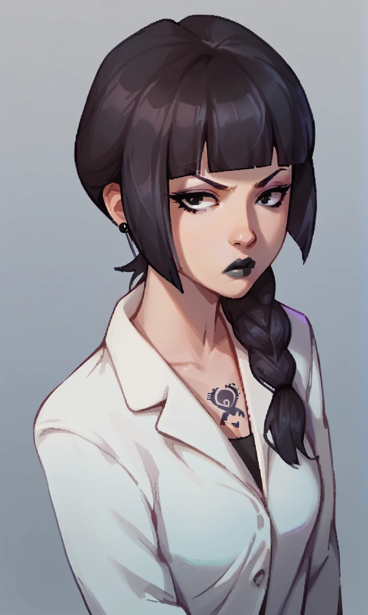 score_9, score_8_up, score_7_up, pixel art, 1girl, simplified background, Asian, mafia business outfit, , sunny, lovely, hime cut hair, scowl, black lips, black eyes, tattoos
