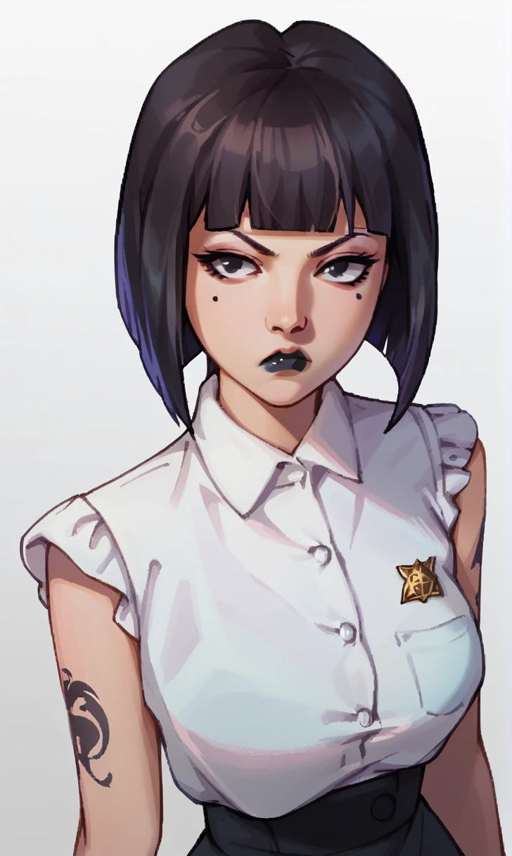 score_9, score_8_up, score_7_up, pixel art, 1girl, simplified background, Asian, mafia business outfit, , sunny, lovely, hime cut hair, scowl, black lips, black eyes, tattoos
