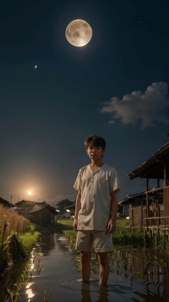 (8k RAW photo,best quality, masterpiece:1.2), (realistic, photo-realistic:1.37), a lone boy standing in a rice paddy, ears of rice waving in the wind, illuminated by the setting moon, an idyllic and sentimental scene,