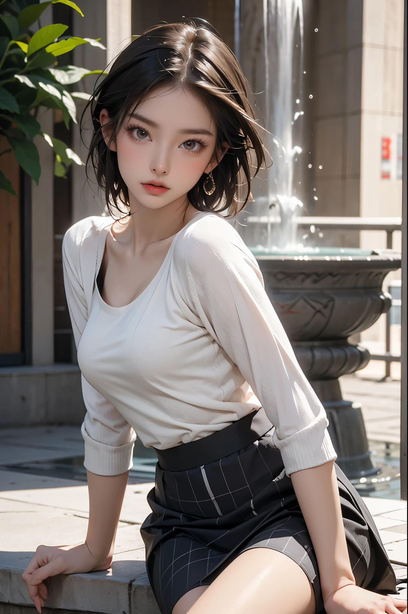 best quality, super fine, 16k, incredibly absurdres, extremely, cute European Caucasian woman, 24 years old, captivating look, aroused expression, blonde long bob cut, wearing Burberry checked skirt, black tank top sweater with braided pattern, superlative body proportion, sitting in fountain plaza