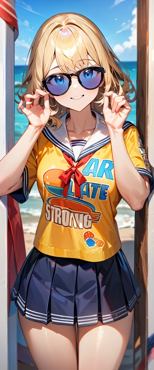(((One girl))), ((beach)), noon, blond hair, Wavy Hair, bob cut, breasts, from front, (cowboy shot), standard body, (looking at viewer), ((dark blue serafuku out of skirt)), dark blue skirt, ((red ribbon)), ((sunglasses)), hand to sunglasses, ager, head tilt:1.3, (((blue eye))), ((happy smile)), anime style, (best quality, 4k, 8k, highres, masterpiece:1.2, ultra-detailed, ultra-detailed eyes, HDR, UHD, studio lighting, ultra-fine painting, sharp focus, physically-based rendering, extreme detail description, professional, vivid colors, bokeh), ((Highest quality, Best image quality, Ultra-high resolution, Ultra-high resolution, solo, Strong eye highlights)), Depth of written boundary, Natural soft light, attractive, Beautiful Face, Cleanliness, Pure Face, nedium chest, Beautiful Face, Perfect Fingers, Perfect hands, Perfect body, Perfect Face, Shine a light into your eyes, Perfect Anatomy