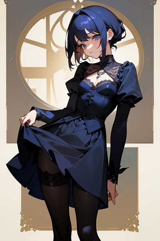 (最高masterpiece、masterpiece、Highest quality).Blue Lace Top、Black tight skirt、elegant、sexy、necklace、Black Stockings、Beautiful woman、cute、Excellent、Small breasts、sharp、
