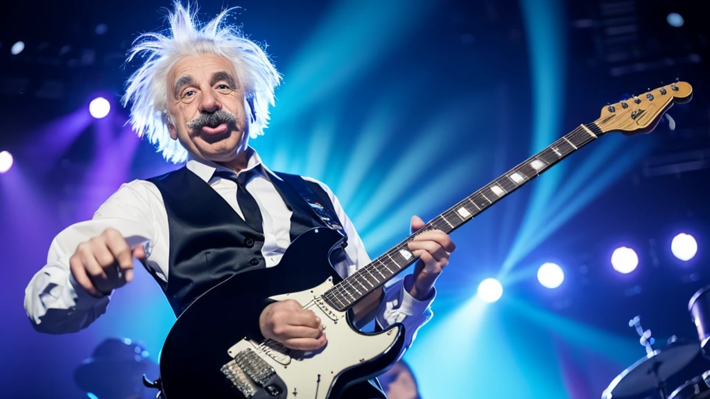 Einstein with wild, white hair and a pronounced mustache, akin to a caricature of a scientist, is energetically playing an electric guitar. He is wearing a formal black suit with a white shirt. The background is smoky, suggesting a concert or performance setting, with blue lights illuminating the scene. His tongue is sticking out in an exaggerated manner, adding a humorous touch to the image